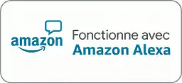 Badge de compatibilité "Works with Amazon Alexa" permettant le contrôle vocal des équipements connectés via les enceintes Echo.