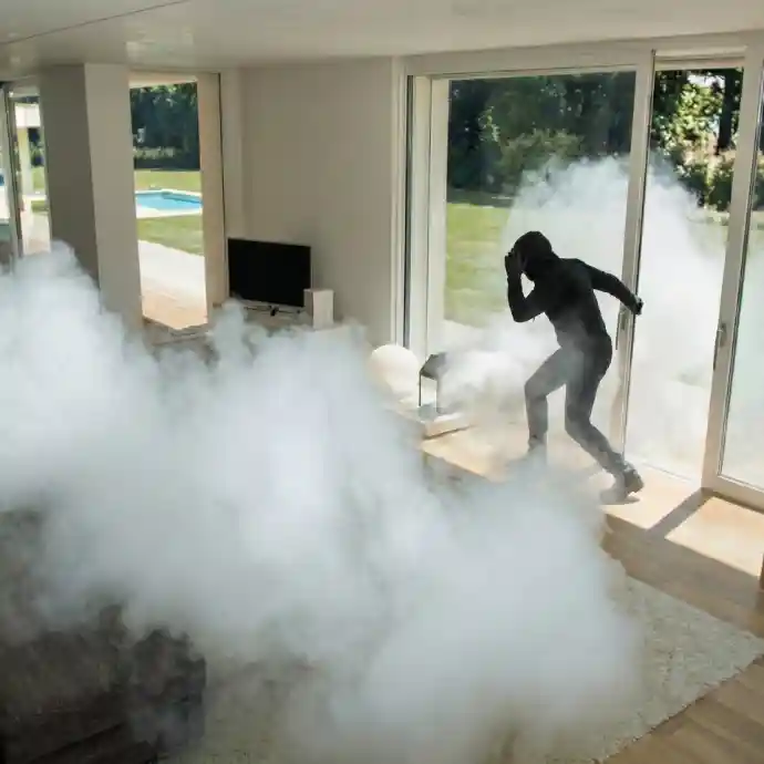 Cambrioleur stoppé net par le déclenchement un générateur de brouillard anti-intrusion dans un salon de maison