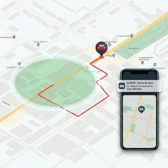 Interface application smartphone traceur GPS montrant un suivi de véhicule en temps réel et une notification d'alerte de sortie de zone (Geofencing) en Ille-et-Vilaine.