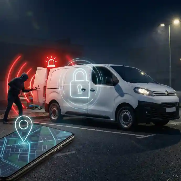 Système de sécurisation complet pour véhicule utilitaire : Alarme anti-intrusion, détection de mouvement et Traceur GPS avec suivi sur smartphone contre le vol d'outillage.