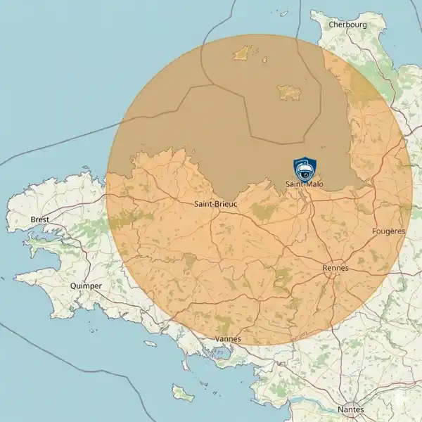 Carte de la zone intervention pour installation alarme : Saint-Malo, Cancale, Dinard, Saint-Coulomb et Dol-de-Bretagne