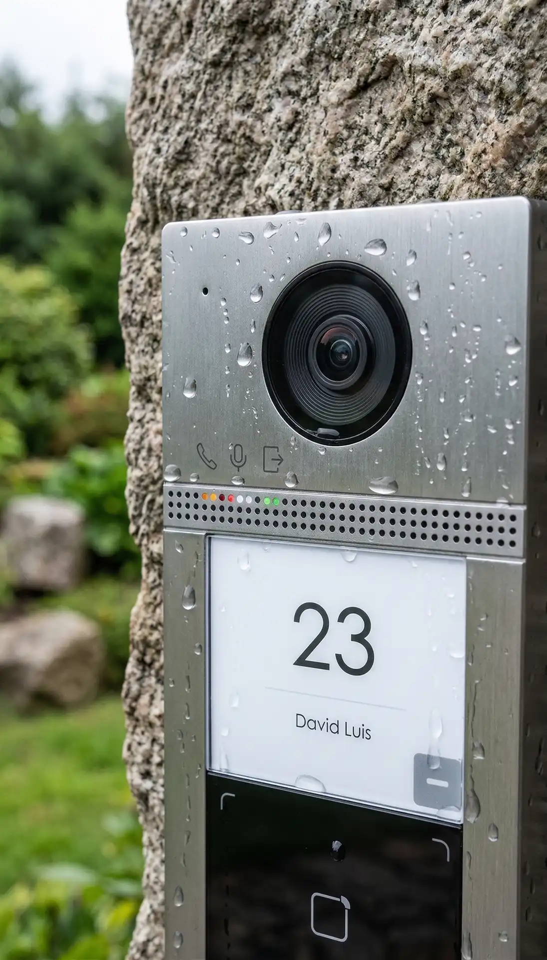 Platine de rue de visiophone professionnel fixée sur un pilier extérieur, couverte de gouttes d'eau démontrant sa totale résistance au climat breton (IP65).