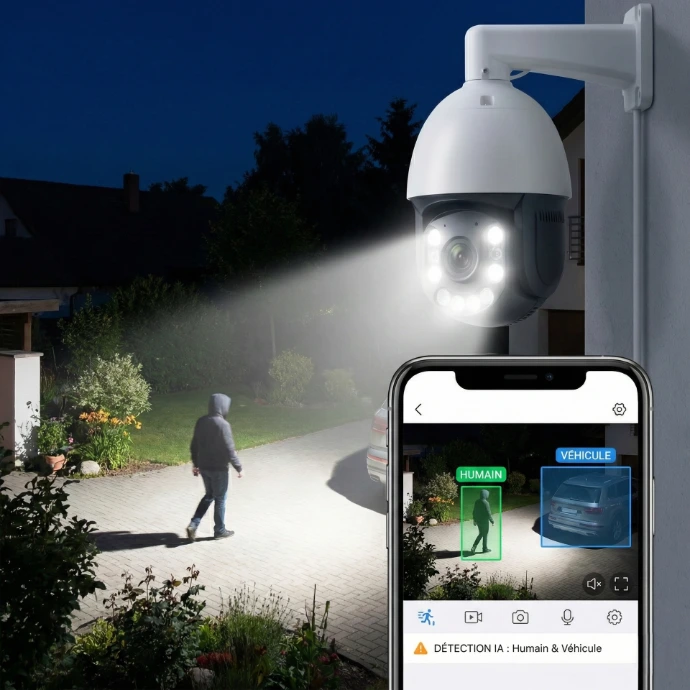 Caméra avec dissuasion active : détection humaine déclenchant un projecteur lumineux et l'envoi immédiat d'une notification d'alarme sur smartphone