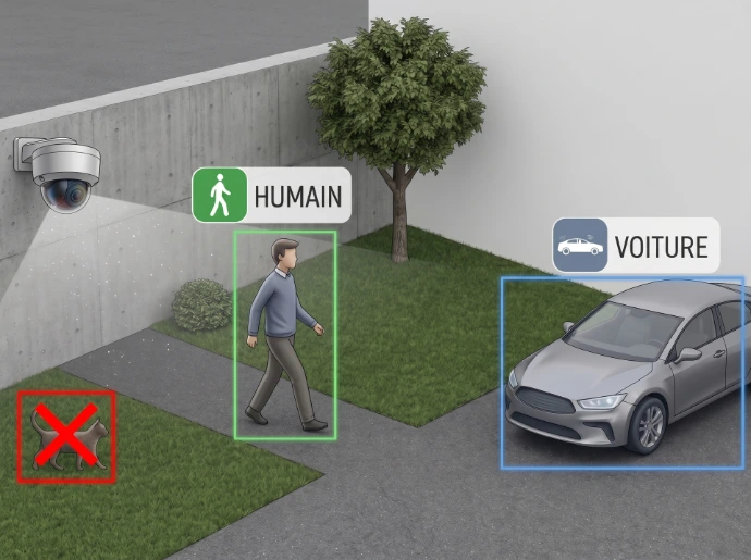 Caméra de vidéosurveillance Hikvision avec intelligence artificielle filtrant les humains et les véhicules pour éviter les fausses alertes à Saint-Malo
