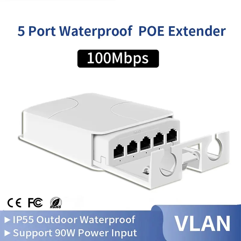 Extension PoE étanche 5 ports – 100 Mbps/1000 Mbps – IP55 (100 Mbps (Fast Ethernet))